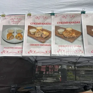 Menu of CTK Empanadas at their booth at the Jack London Square Farmers Market.