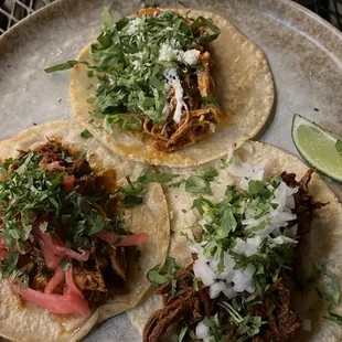 Tinga (top), barbacoa (right), cochinita pibil /pork (left)