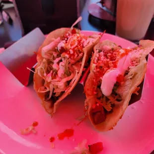 Tacos a la plancha $5.25/ea. Get the bouche!!! Red hue due to patio umbrella. 4/2024