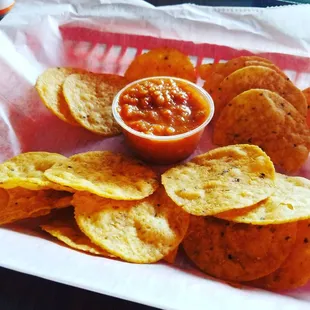 The salsa was to die for! Chips are out of a bag, but this salsa is so good, it doesn&apos;t matter.