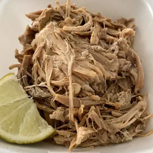 Pulled pork sandwich (minus the onions &amp; bread). Great flavor with a hi t of lime &amp; very tender!