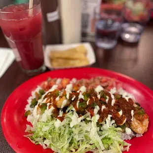 Top to bottom: Guava-Cranberry Nectar, Yuca Fries, &amp; Burrito / Bowl with shrimp. My belly thanked me all night.