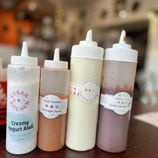 a variety of condiments on a table
