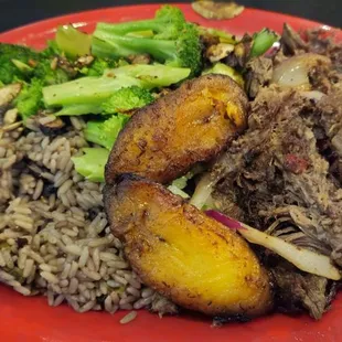Vaca Frita platter, with Congrí and Broccoli Mushroom sides