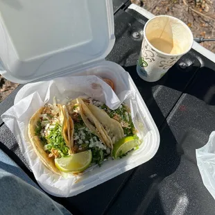 Cafe con Leche and three mexican tacos pork