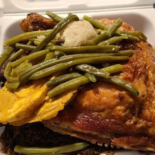 a meal in a styrofoam container