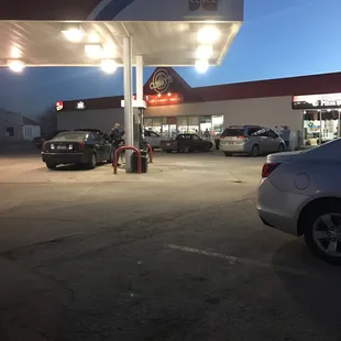 a gas station at night