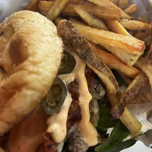 Spicy lamb burger and fries