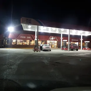a gas station at night