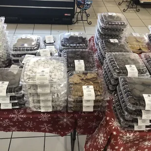 a display of cookies and pastries
