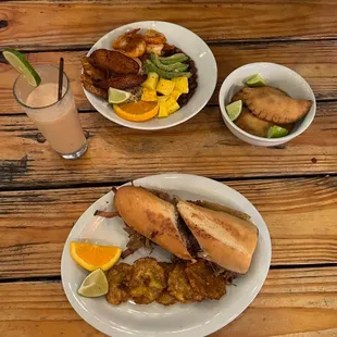 cuban sandwich, guava and cream cheese empanada, spicy mojo shrimp bowl, guava colada