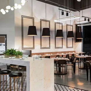 a dining area with a marble countertop