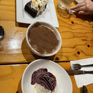 Panna cotta, tiramisu, and chocolate cake