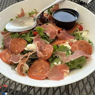 Mixed Greens Salad with fresh mozzarella, grape tomatoes and I requested prosciutto and pepperoni