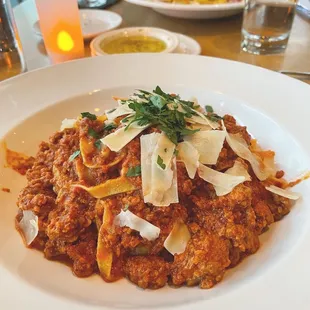 Red sauce pasta with fresh meat. Both items recommended by our server.