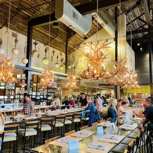 a busy restaurant with people sitting at tables