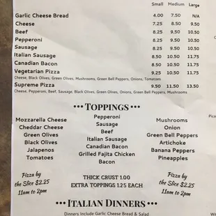 a menu for a pizza restaurant