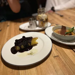 Front : OLIO D'oliva cake and Crème brûlée .  Back: Affogato