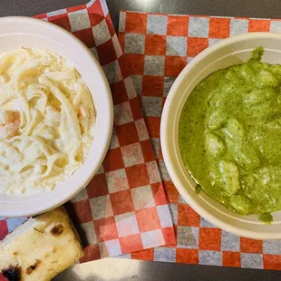 a bowl of guacamole and a bowl of pasta