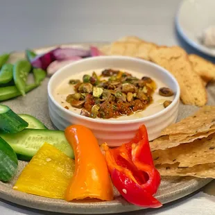 cannellini bean hummus + sicilian pesto + pistachio + crudité + gluten free cracker + focaccia 12.