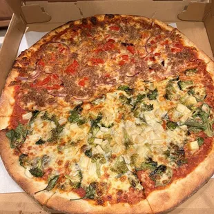 18&quot; cheese pizza with onions, sausage, roasted red peppers, broccoli, spinach, pineapple