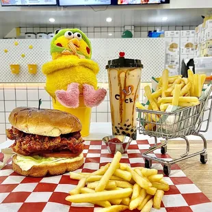 Chicken sandwich fries and brown sugar milk tea