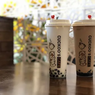 Coconut milk tea on the left and black milk tea on the right.