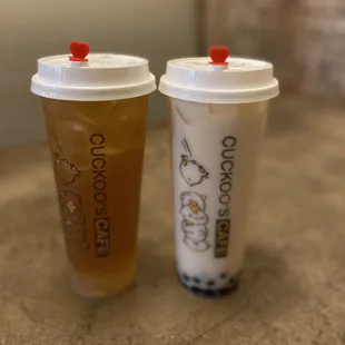 Winter melon Green Tea with Lychee Jelly (L) &amp; Vanilla Soy Milk with Boba (R)