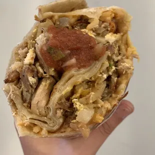 Californiano breakfast burrito, with carnitas instead of chorizo