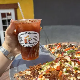 Agua preparada with Pizza de Birria