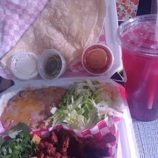 Al pastor plate with beans (I asked for lettuce instead of rice) and flour tortillas, and a hibiscus drink!