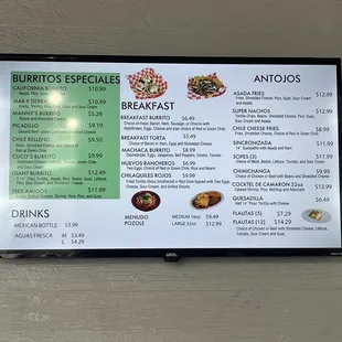 a menu on the wall