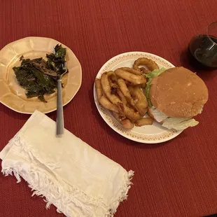 Jr bacon cheeseburger , onion rings and Collard Greens w/Turkey Meat