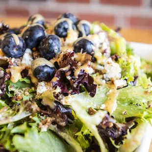 Verona Salad , with fresh spring mix , blueberries, blue cheese , honey glazed pecans and house made apricot dressing.