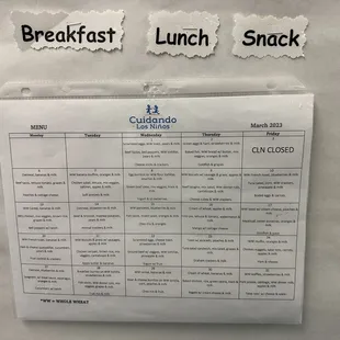 March 2023 children's menu.