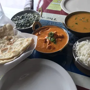 Amazing chicken tikka masala, saag and chicken soup.