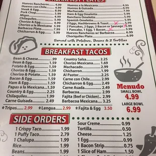 Breakfast menu