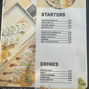 Menu Starters Drinks