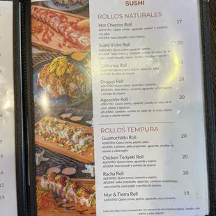 sushi and sashimi, menu