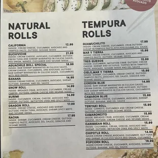 Menu Natural Rolls Tempura Rolls