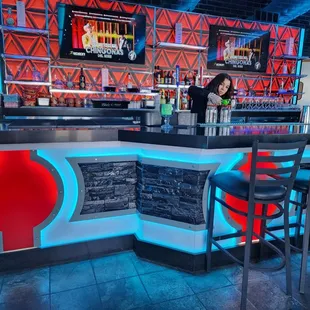 a bar with red and blue lights