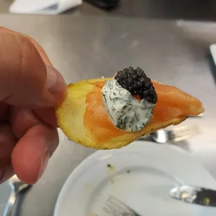 House Made Lox, American Caviar, Cucumber Dill Crème Fraiche, Salt &amp; Vinegar Chip (hors d'oeuvre)  (Photo from our tasting)