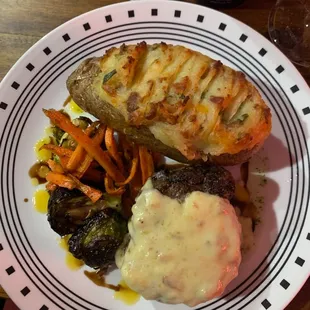 Main: filet with charred brussel sprouts &amp; twice baked potato