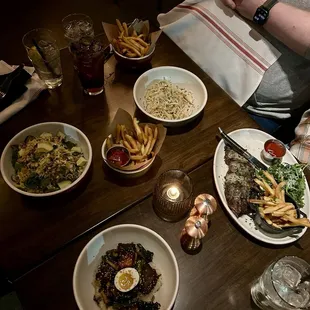Asian Crunch salad, Chicken Cacio e Pepe, Steak Frites*, Mongolian Short Rib*