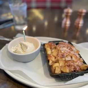 Monkey Bread dessert with vanilla ice cream for my birthday.