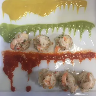 Pan seared jumbo shrimp with tricolor sauces