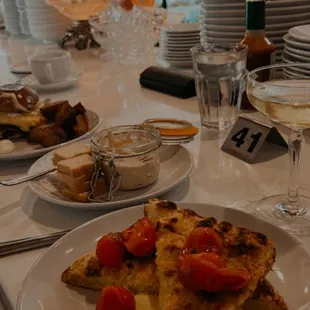 Tomato french toast, pate, breakfast sammie