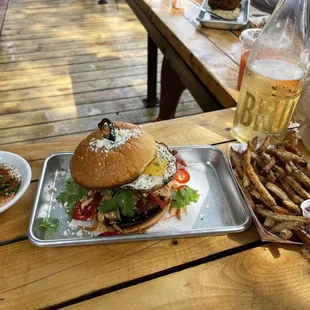 San Antonio hot chicken with an egg. Salt and pepper fries and Gucci Ranch