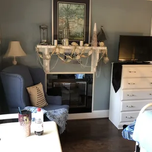 Room with gas fireplace.