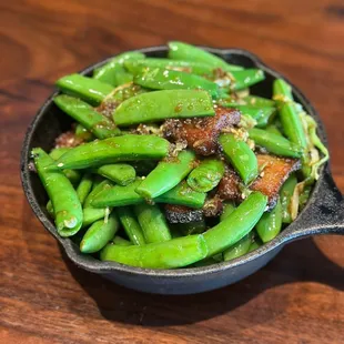 Snap Peas with pork belly and cabbage